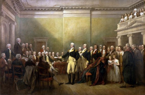 general george washington resigning his commission' on 23 december 1793 he resigned his commission to congress meeting in annapolis, an act which led to a civilian rule and a republic rather than a dictatorship painting by john trumbull, c1824
