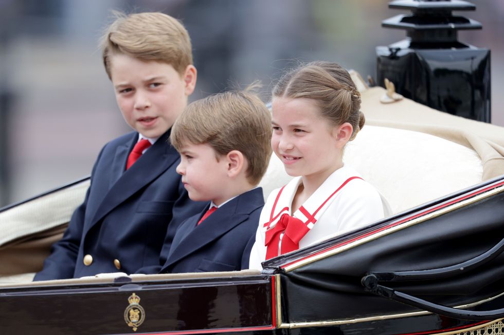 london, england june 17 prince george of wales, prince louis of wales and princess charlotte of wales are seen during trooping the colour on june 17, 2023 in london, england trooping the colour is a traditional parade held to mark the british sovereigns official birthday it will be the first trooping the colour held for king charles iii since he ascended to the throne photo by chris jacksongetty images