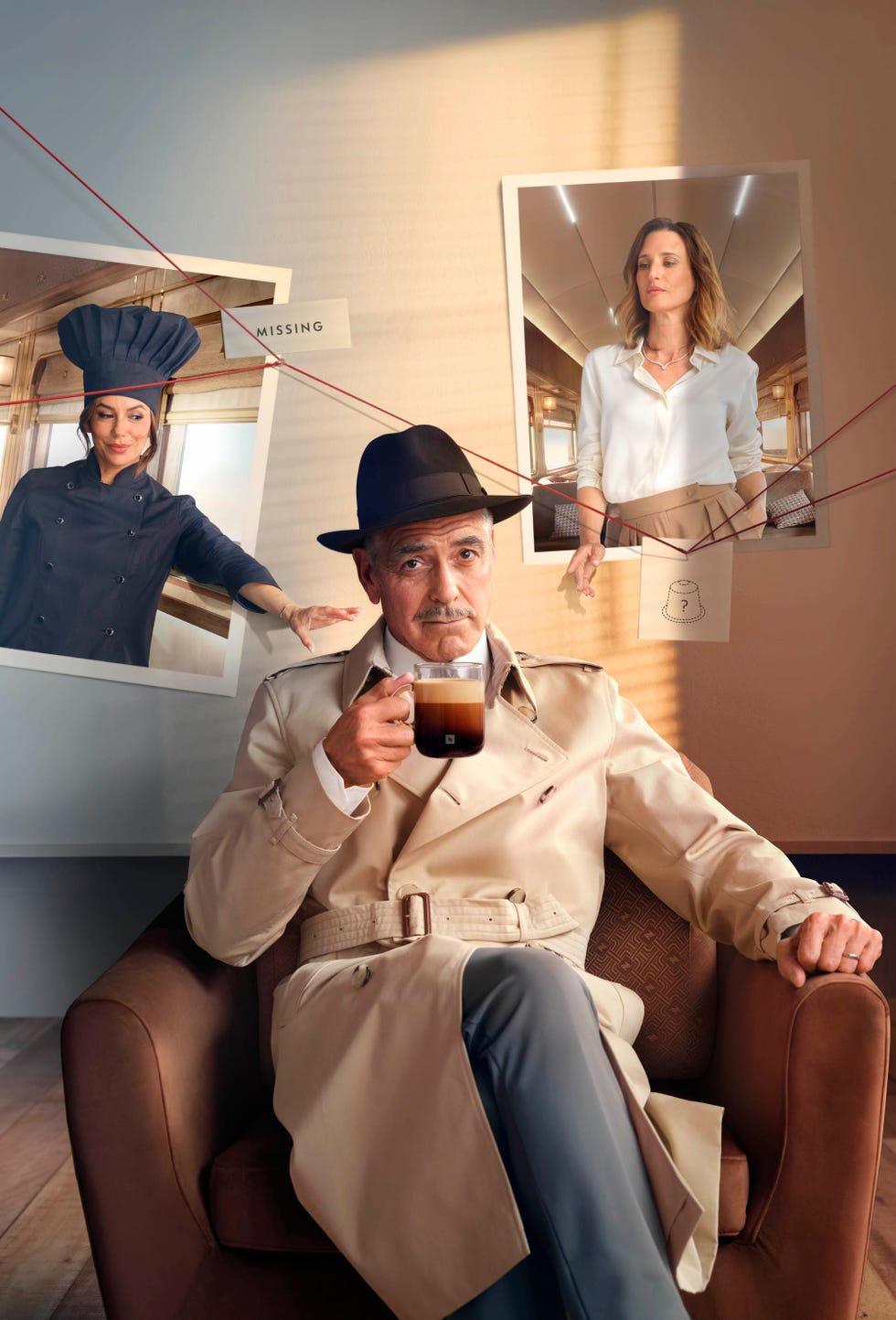 a detective in a trench coat holding a drink surrounded by images of individuals marked as missing
