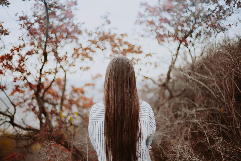 Hair, People in nature, Nature, Long hair, Tree, Hairstyle, Beauty, Branch, Brown hair, Leaf, 