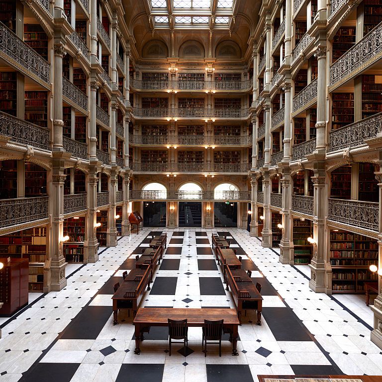 george peabody library, formerly the library of the peabody institute of the city of baltimore, is p