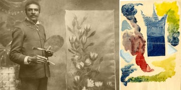 george washington carver with painting, 1892, prussian blue letter made by george washington carver, ca 1903