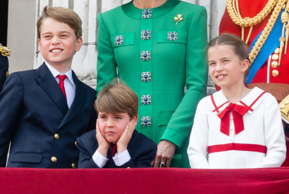 prince george of wales, prince louis of wales and princess charlotte of wales on the balcony during trooping the colour
