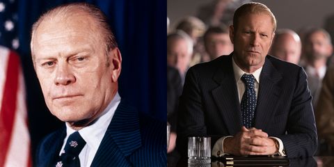 side by side of gerald ford and aaron eckhart as gerald ford in the first lady