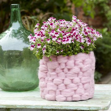 Geraniums flower pot with pink wool cover, DIY project