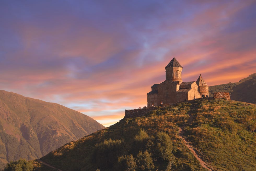 Gergeti Trinity Church (Tsminda Sameba), Holy Trinity Church near the village of Gergeti in Georgia, under Mount Kazbegi