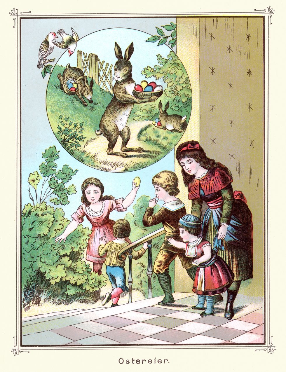 vintage illustration children searching for easter eggs, easter bunny, german, victorian 19th century