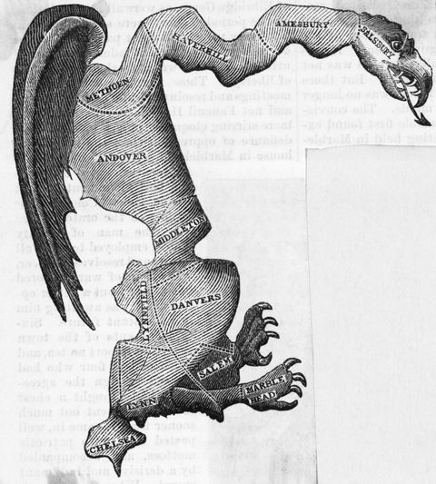 the term "gerrymander" stems from this gilbert stuart cartoon of a massachusetts electoral district twisted beyond all reason stuart thought the shape of the district resembled a salamander, but his friend who showed him the original map called it a "gerry mander" after massachusetts governor elbridge gerry, who approved rearranging district lines for political advantage