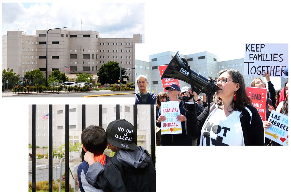 protesters outside a federal detention center holding migrant women