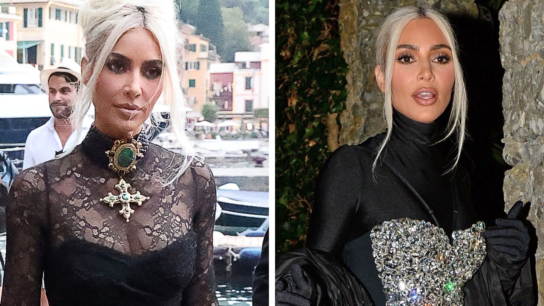 Kim Kardashian Wears Sheer Lace Dress and Silver Corset to Kourtney's  Wedding and Reception