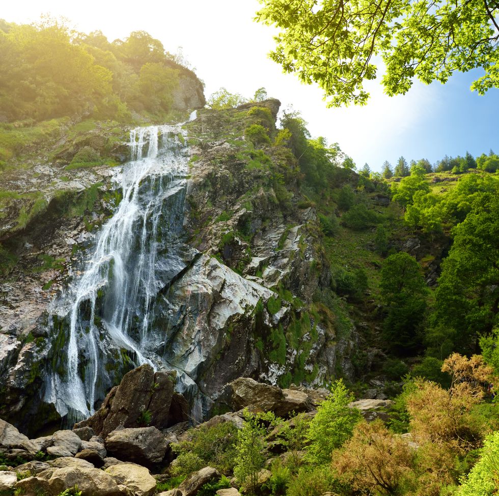 majestic water cascade of powerscourt waterfall, the highest waterfall in ireland famous tourist atractions in co wicklow, ireland