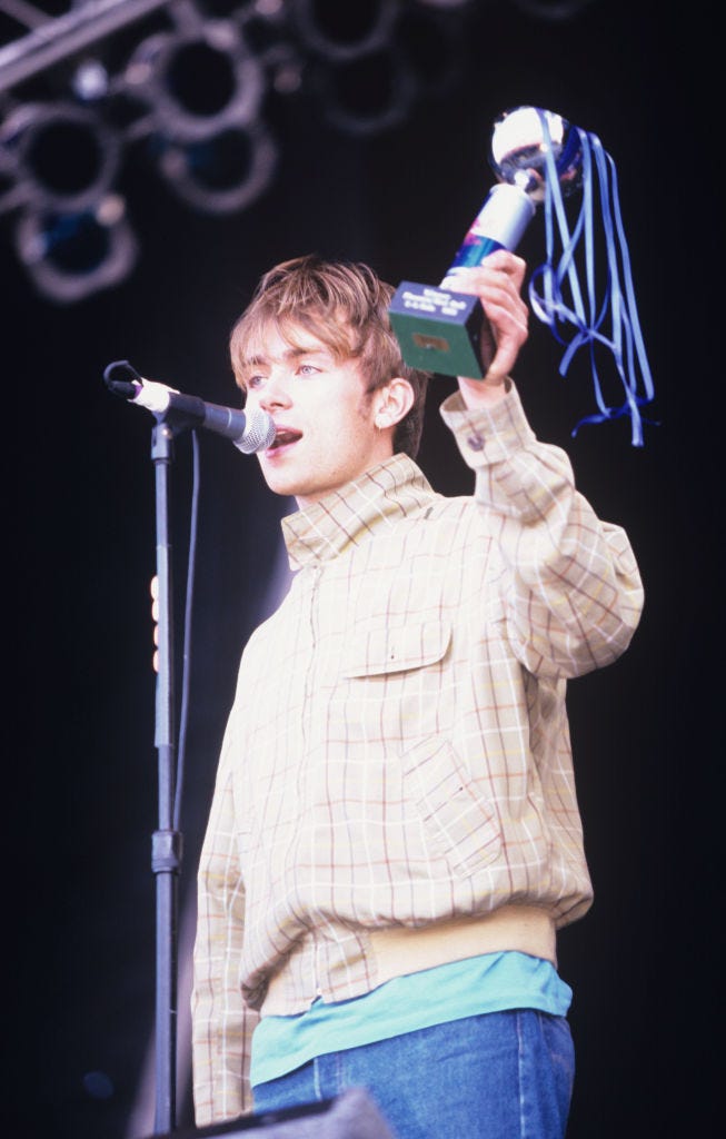 united kingdom july 01 singer damon albarn of blur performs on stage at the phoenix festival held at long marston airfield near stratford upon avon in july 1995 photo by mick hutsonredferns