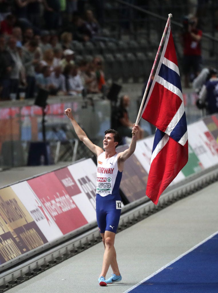 10 august 2018, germany, berlin athletics, european championships in the olympic stadium 1,500 m, men, final gold medal winner jakob ingebrigtsen from norway cheers photo kay nietfelddpa photo by kay nietfeldpicture alliance via getty images