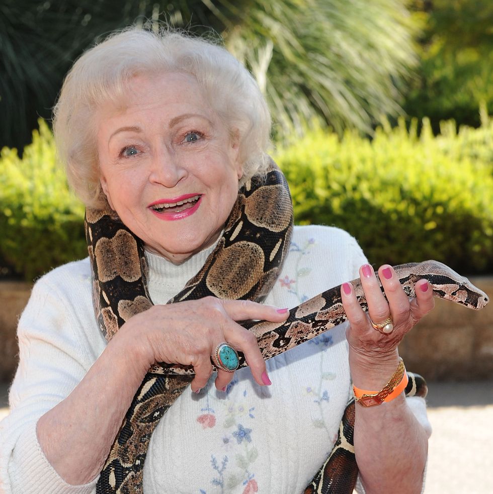 los angeles, ca   june 19  actress betty white poses with a snake at the greater los angeles zoo associations 40th annual beastly ball at los angeles zoo on june 19, 2010 in los angeles, california  photo by michael kovacfilmmagic