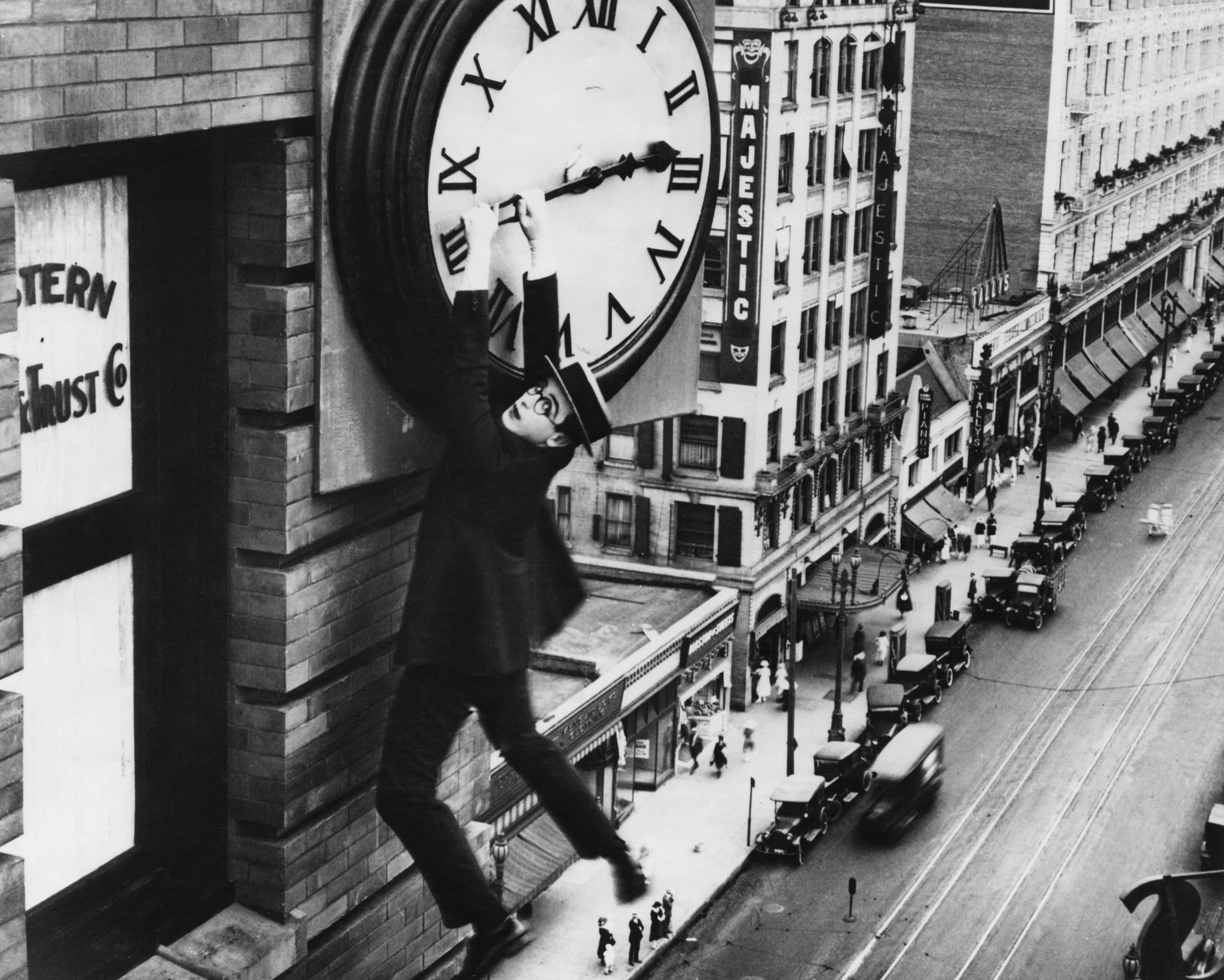 american actor harold lloyd 1893 1971 finds himself in a precarious situation dangling from a clock in a scene from the film safety last, 1923 photo by american stock archivearchive photosgetty images