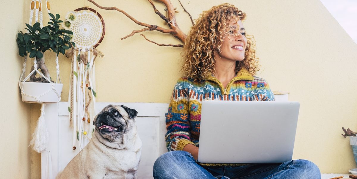 beautiful middle age lady curly hair work with a laptop outdoor at home in the terrace smiling and looking at his side. funny dog pug at her right sitting and looking. best friends forever and woman using technology concept