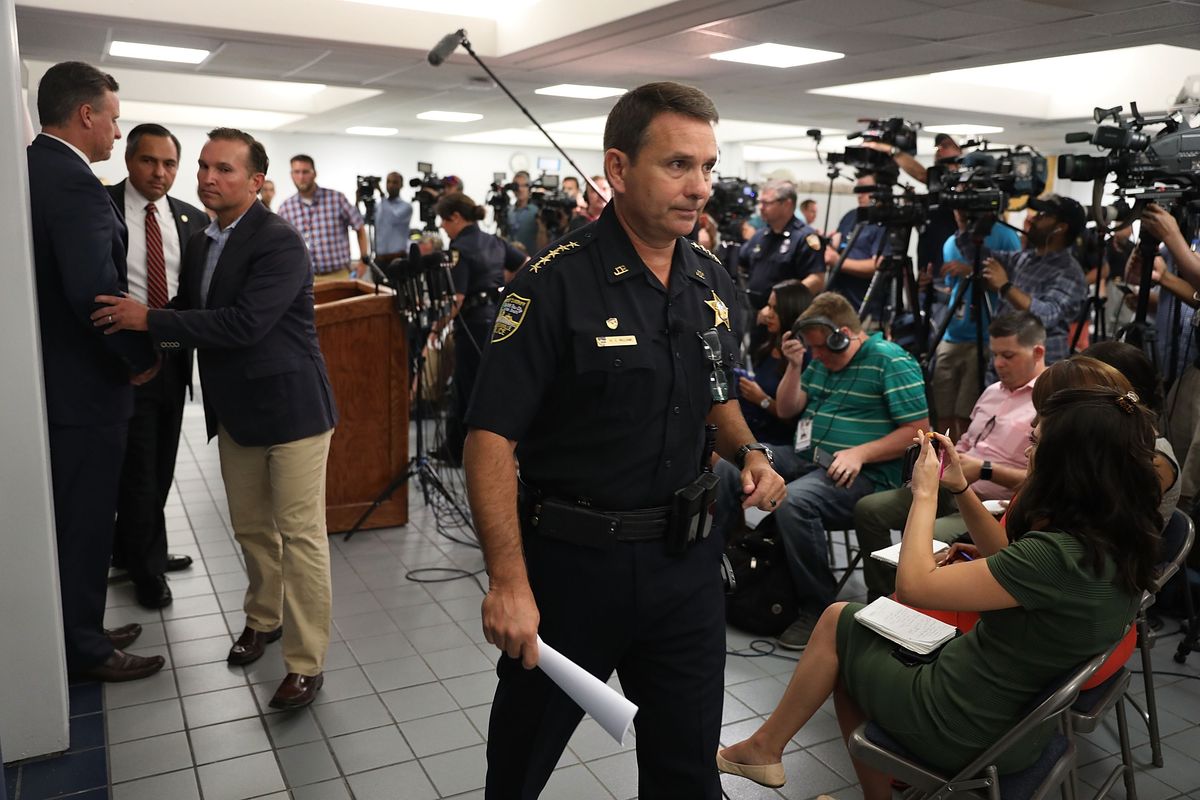 jacksonville, fl   august 27  jacksonville sheriff mike williams exits after speaking to the media about the shooting at glhf game bar where 3 people including the gunman were killed at the jacksonville landing on august 27, 2018 in jacksonville, florida the shooting occurred at the glhf game bar during a madden 19 video game tournament and 3 people were killed including the gunman and several others were wounded  photo by joe raedlegetty images