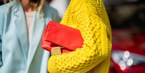 Yellow, Red, Textile, Scarf, Outerwear, Street fashion, Knitting, Fashion accessory, 
