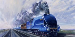 united kingdom   april 07  mallard steam locomotive hauling carriages at speed, c 1938 oil painting by gerald coulson the a4 pacific class mallard was designed by sir nigel gresley 1876 1941, the chief engineer of the london  north eastern railway lner on sunday 3 july 1938, the 4 6 2 locomotive reached a speed of 126 mph 203 kph  photo by science  society picture libraryssplgetty images