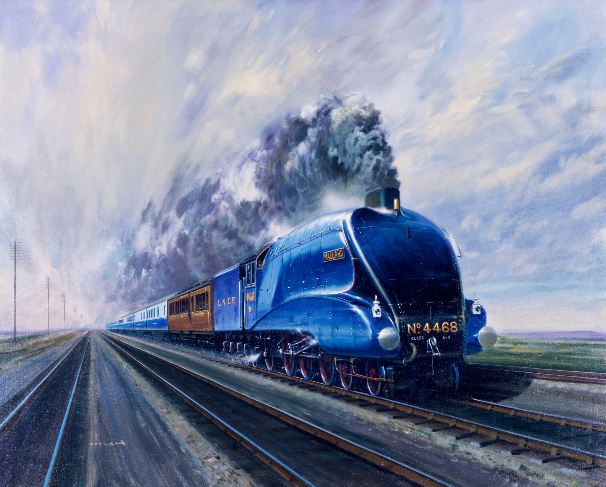 united kingdom   april 07  mallard steam locomotive hauling carriages at speed, c 1938 oil painting by gerald coulson the a4 pacific class mallard was designed by sir nigel gresley 1876 1941, the chief engineer of the london  north eastern railway lner on sunday 3 july 1938, the 4 6 2 locomotive reached a speed of 126 mph 203 kph  photo by science  society picture libraryssplgetty images