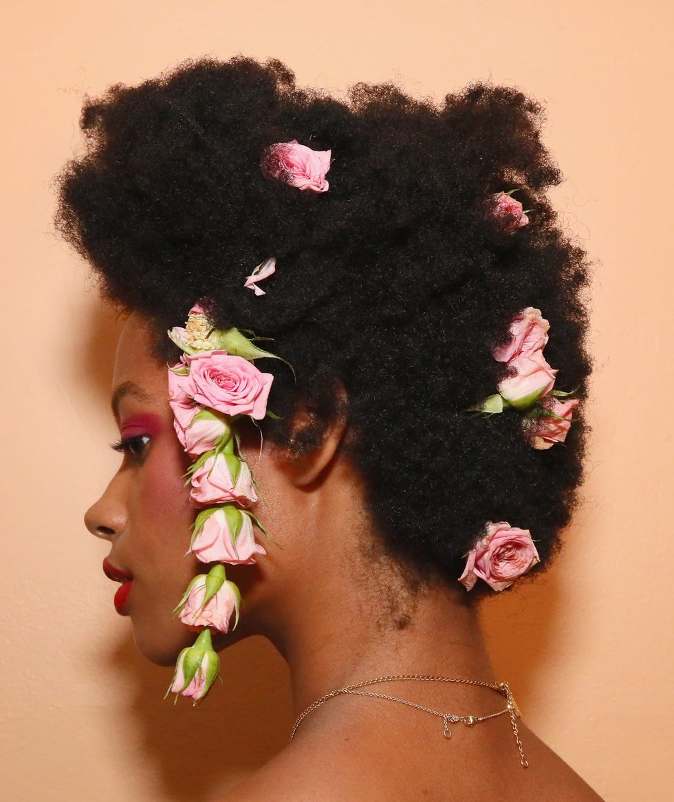 Hair, Hairstyle, Pink, Beauty, Head, Headpiece, Black hair, Lip, Afro, Forehead, 