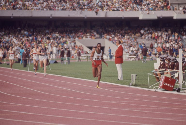 mexico city, mexico   1968 l r jim ryun, kipchoge keino competing in the mens 1500 metres event at the 1968 summer olympics  games of the xix olympiad, 	estadio olímpico universitario photo by walt disney television via getty images