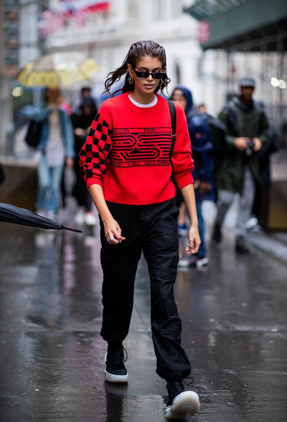 new york, ny september 10 model kaia gerber wearing red sweater, black pants is seen outside proenza schouler during new york fashion week springsummer 2019 on september 10, 2018 in new york city photo by christian vieriggetty images