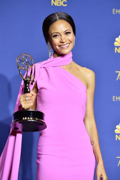 los angeles, ca   september 17  outstanding supporting actress in a drama series thandie newton poses in the press room during the 70th emmy awards at microsoft theater on september 17, 2018 in los angeles, california  photo by frazer harrisongetty images