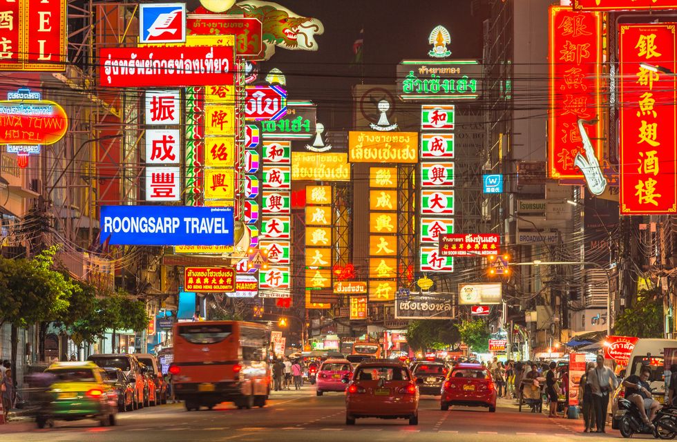 view of samphanthawong city with yaowarat road and signs at night, bangkok, chinatown