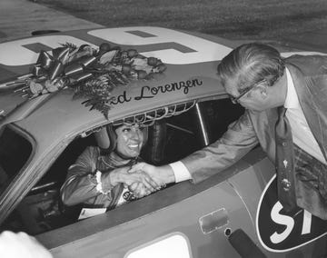 talladega, al august 20, 1971 paula murphy chats with nascar president bill france, sr before her record setting run in fred lorenzen's andy granatelli owned stp plymouth at talladega murphy ran 171499 mph, which at the time was a world's closed course record for a female driver photo by isc images archives via getty images