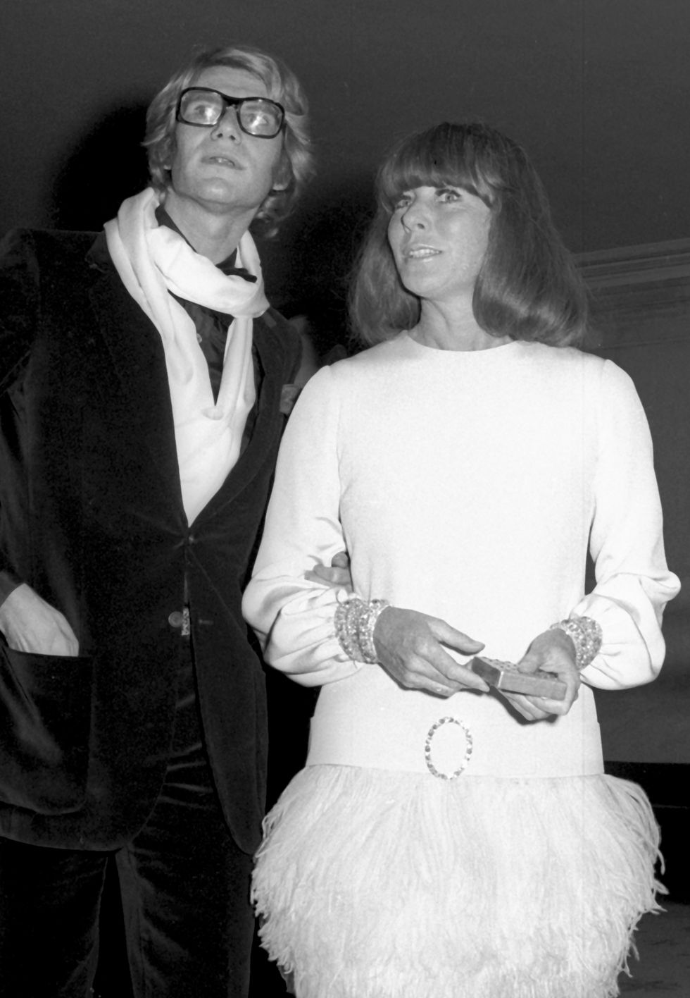 paris, france   october 14  yves saint laurent and helene rochas attend phedre performance on october 14, 1968 at gala au theatre de lopera in paris, france photo by ron galellaron galella collection via getty images