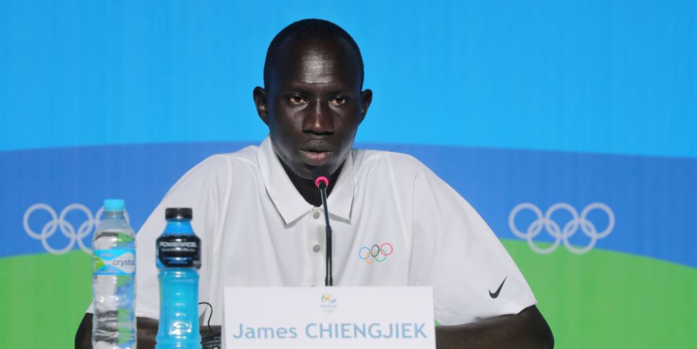 james chiengjiek from south sudan of the olympic refugee team for athletics, attends a news conference at the main press centre mpc at olympic parc barra prior to the rio 2016 olympic games in rio de janeiro, brazil, 31 july 2016 the rio 2016 olympic games take place from 05 to 21 august four male and two female athletes are to compete in the games in the athletics tournament james chiengjiek will compete in the mens 400m competition photo michael kappelerdpa  usage worldwide   photo by michael kappelerpicture alliance via getty images