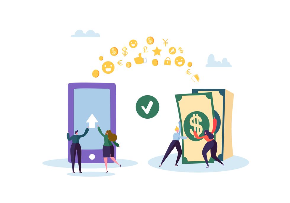online banking concept flat people characters sending money from mobile application on smartphone vector illustration