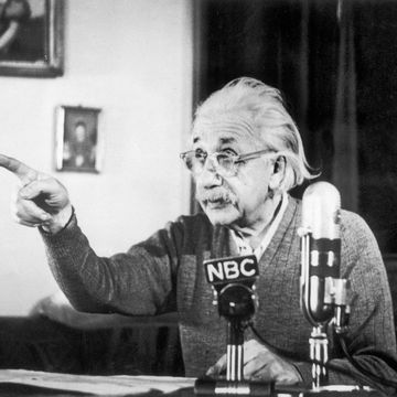 united states february 15 the professor albert einstein giving an anti hydrogen bomb speech at the mic of the national broadcasting comapny nbc, on february 15, 1950, at princeton university photo by keystone francegamma keystone via getty images