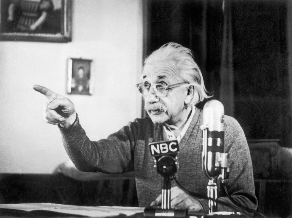united states february 15 the professor albert einstein giving an anti hydrogen bomb speech at the mic of the national broadcasting comapny nbc, on february 15, 1950, at princeton university photo by keystone francegamma keystone via getty images