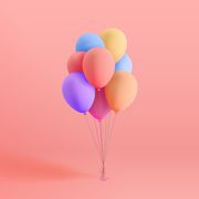 Set of colorful realistic mat helium balloons floating on pink background. Vector 3D balloons for birthday, party, wedding or promotion banners or posters. Vivid illustration in pastel colors.