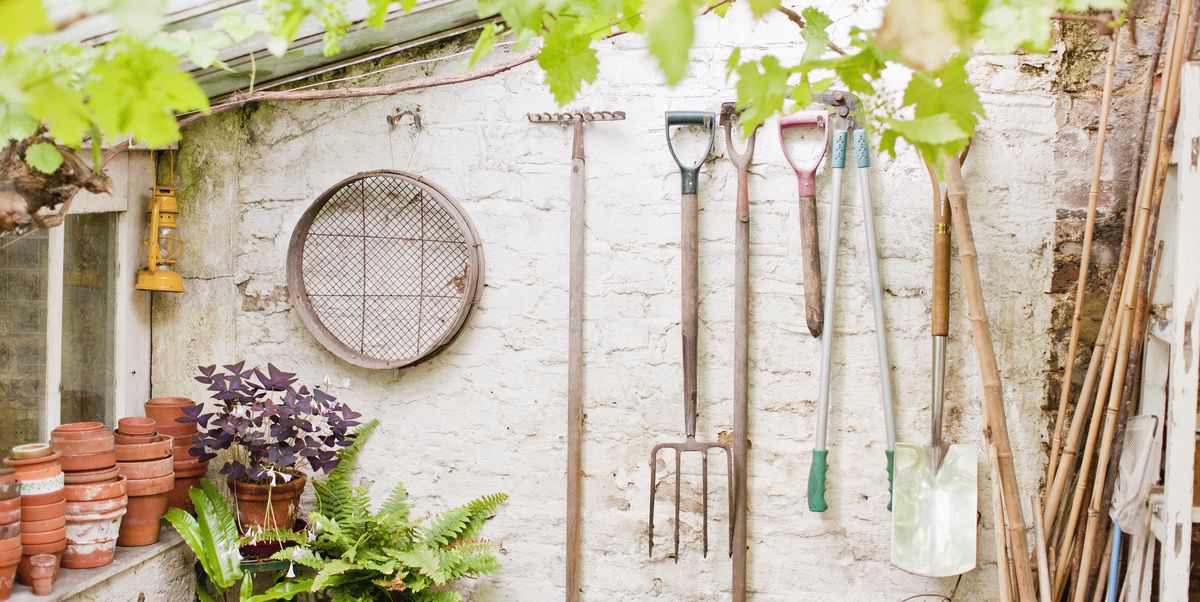 tools hanging on wall of garden shed