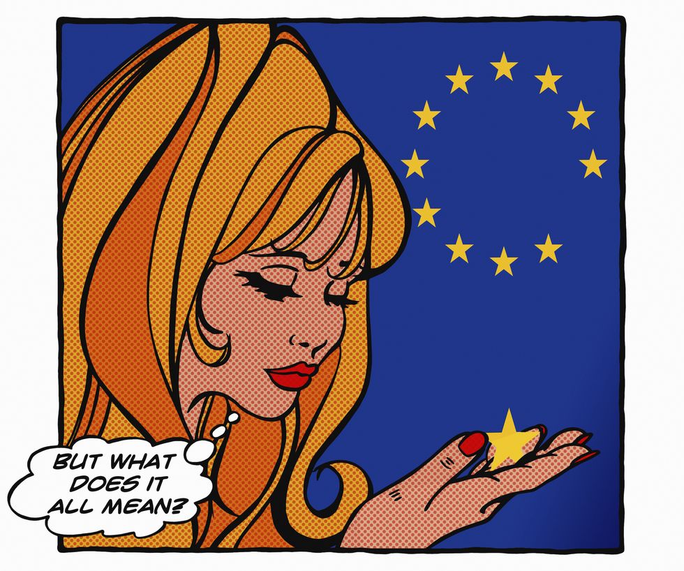 Confused woman holding star from European Union flag