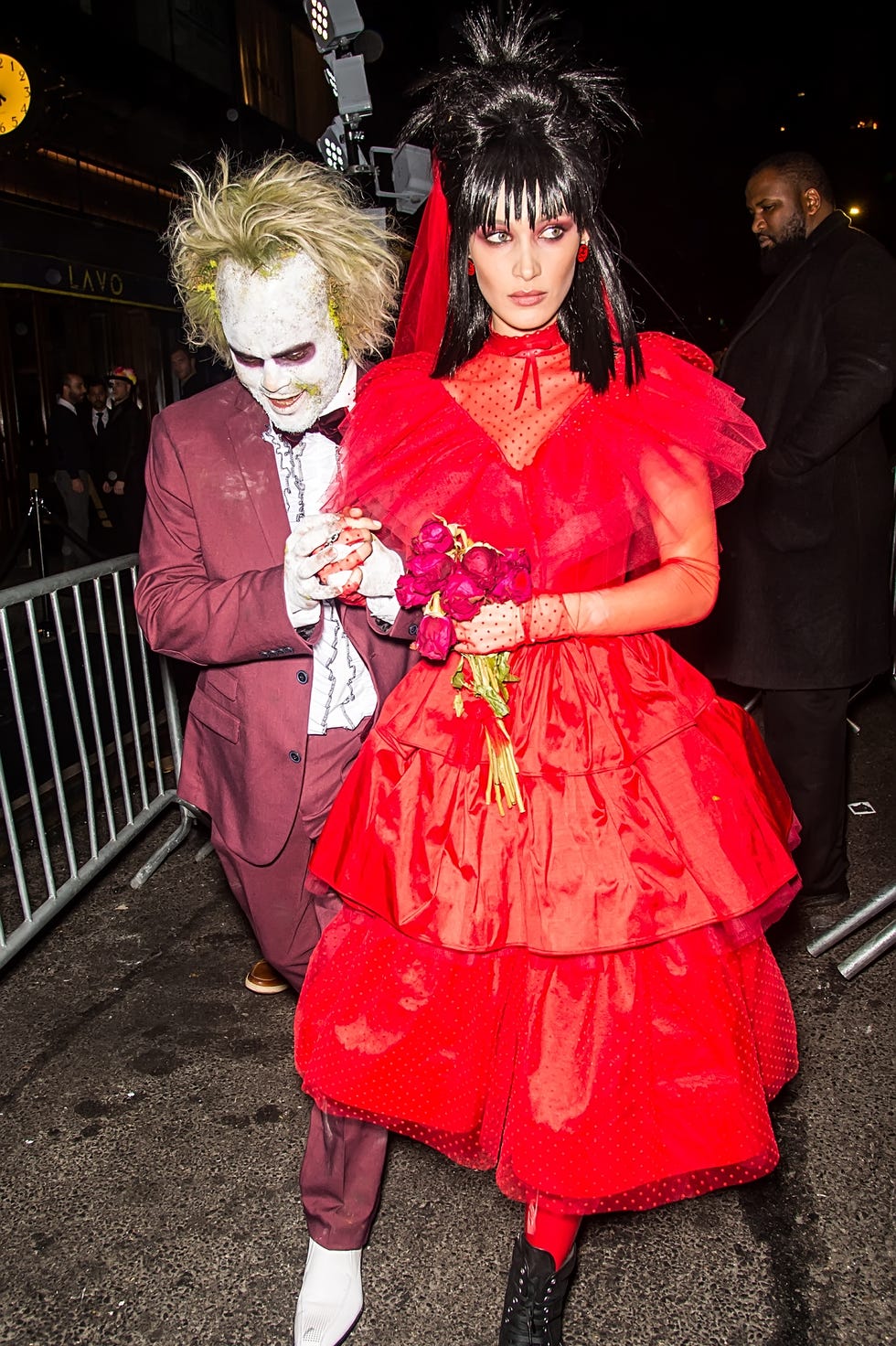 new york, ny october 31 model bella hadid and singer the weeknd are seen leaving heidi klums 19th annual halloween party at lavo nyc on october 31, 2018 in new york city photo by gilbert carrasquillogc images