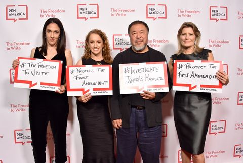 beverly hills, ca   november 02 executive director of pen america los angeles michelle franke, ceo of pen america suzanne nossel, ai weiwei and jennifer egan arrive at the pen america 2018 litfest gala at the beverly wilshire four seasons hotel on november 2, 2018 in beverly hills, california  photo by gregg deguirewireimage
