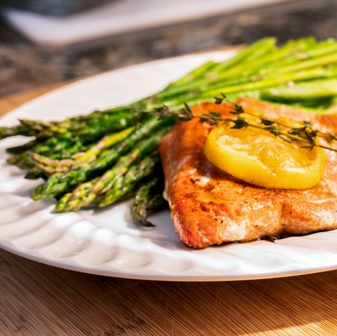 Grilled salmon on a plate with asparagus