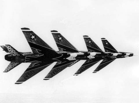 formation flight of the famous thunderbird squadron of the us air force on the 24th of june in 1965 the flight with the f 100 super sabre aircrafts is jokingly called flying tatzelworm, which signifies a mythical creature  usage worldwide photo by dpapicture alliance via getty images