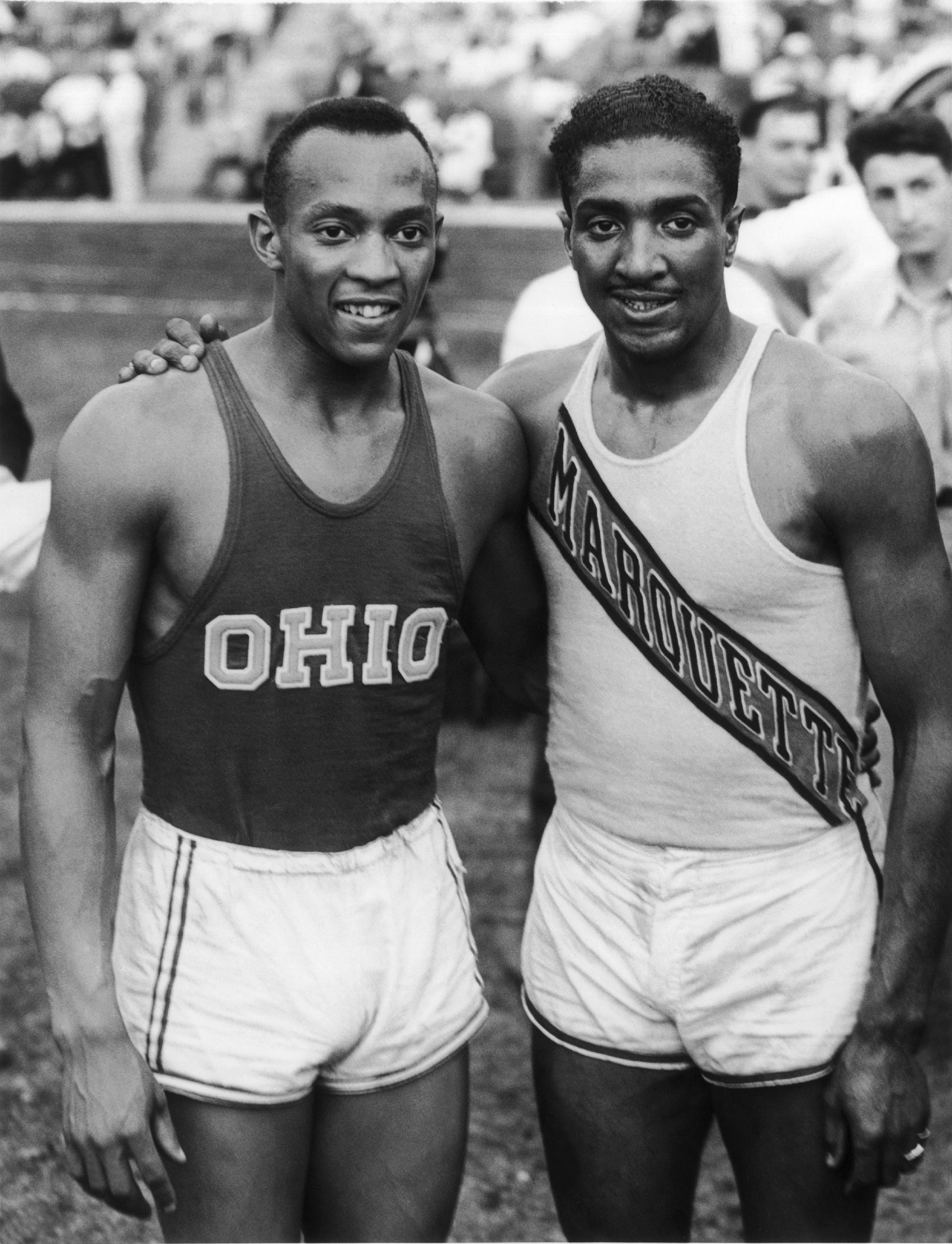 united states   january 01  the american sprinters jesse owens and ralph metcalfe in new york in 1936 before leaving for berlin, germany where the olympic games were to take place, the two athletes participated in a track meet on randall island in new york  photo by keystone francegamma keystone via getty images