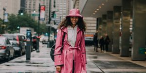 new york, ny   september 09 models zoe thaets wears a pink rain hat, pink rain jacket after the sies marjan show during new york fashion week springsummer 2019 on september 9, 2018 in new york city photo by melodie jenggetty images