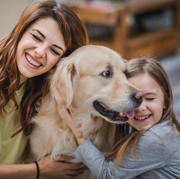 Mujer y niña abrazando un perro mujer y niña abrazando un perro
