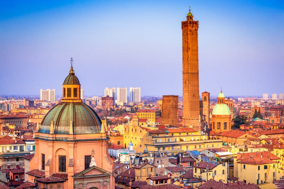 bologna, italy skyline of medieval two towers (due torri), asinelli and garisenda.