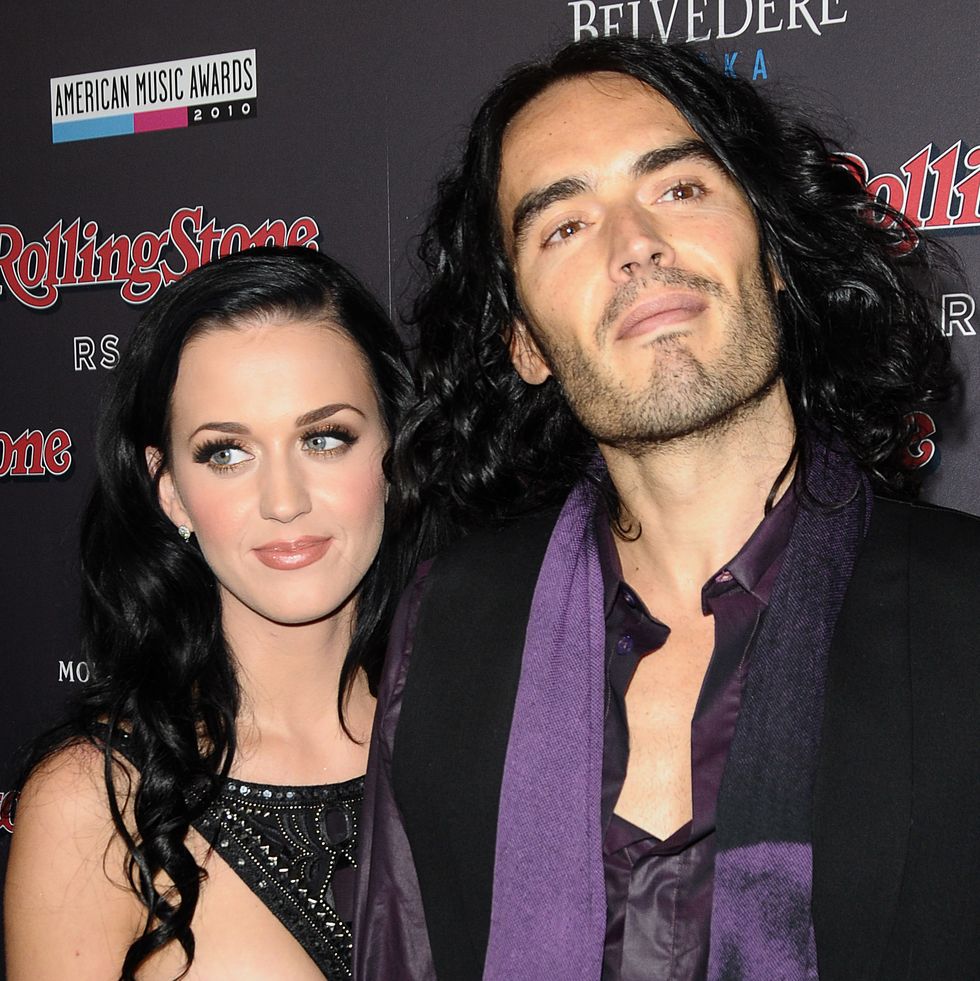 los angeles, ca   november 21  katy perry and russell brand attend the rolling stone after party for the 2010 american music awards at rolling stone restaurant  lounge on november 21, 2010 in los angeles, california  photo by jason laverisfilmmagic