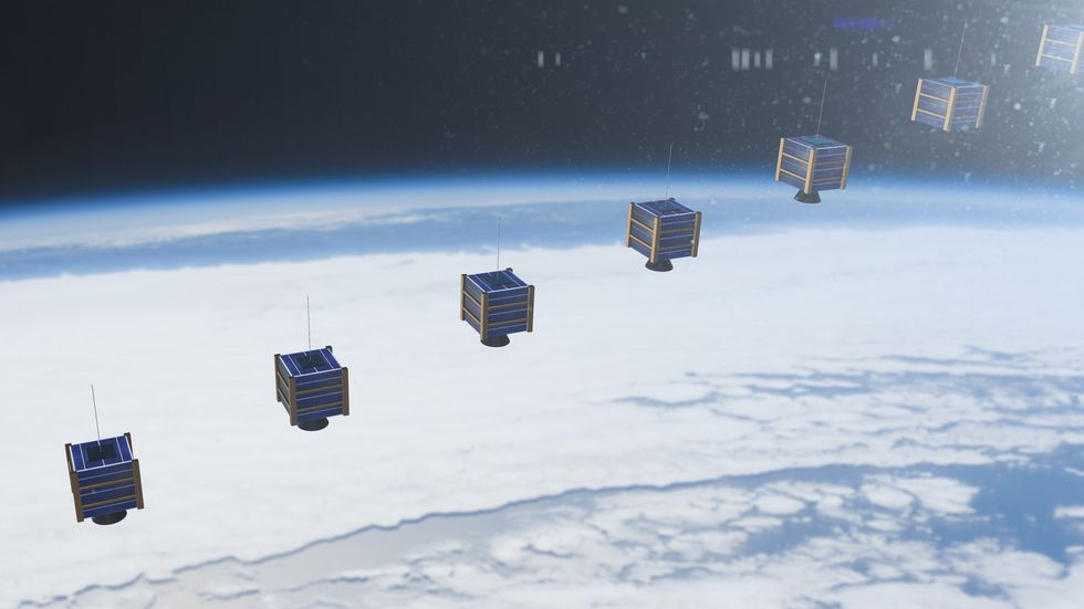a satellite is an artificial object which has been intentionally placed into orbit 
the term nanosatellite or nanosat is applied to an artificial satellite with a wet mass between 1 and 10 kg 3d render animation
