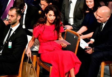 Amal Clooney red oscar de la renta outfit nobel peace prize ceremony