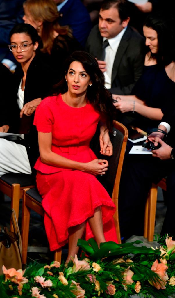 Amal Clooney red oscar de la renta outfit nobel peace prize ceremony